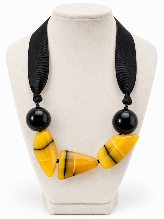 Mango Jewelry - MANGO MNG Black & Mustard Resin Statement Ribbon Necklace